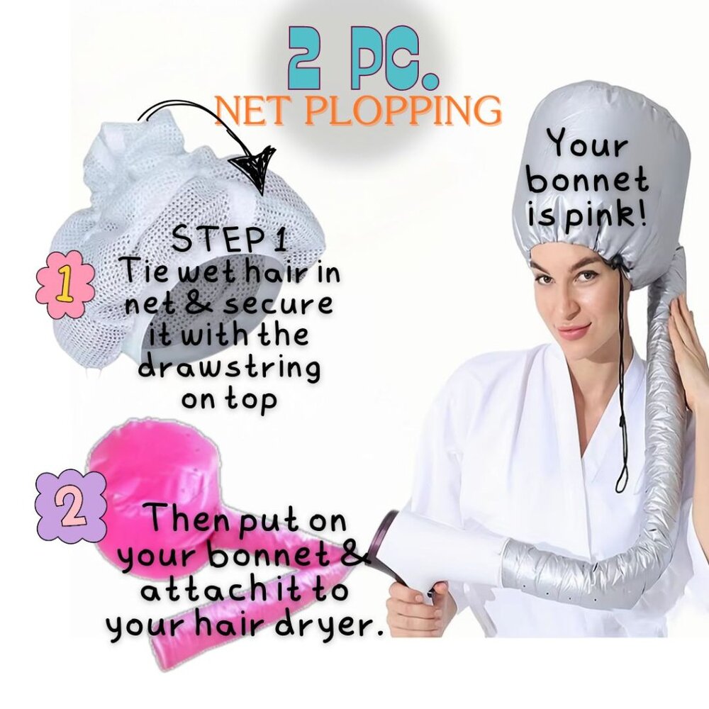 2 pc Net Plopping Set for Drying Curly Hair  Mesh Net + Pink Bonnet  New